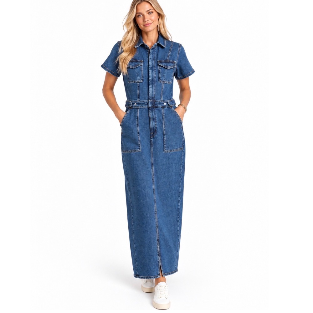 NWT Good American Fit For Success Maxi Dress Indigo594 Medium Short Sleeve Denim